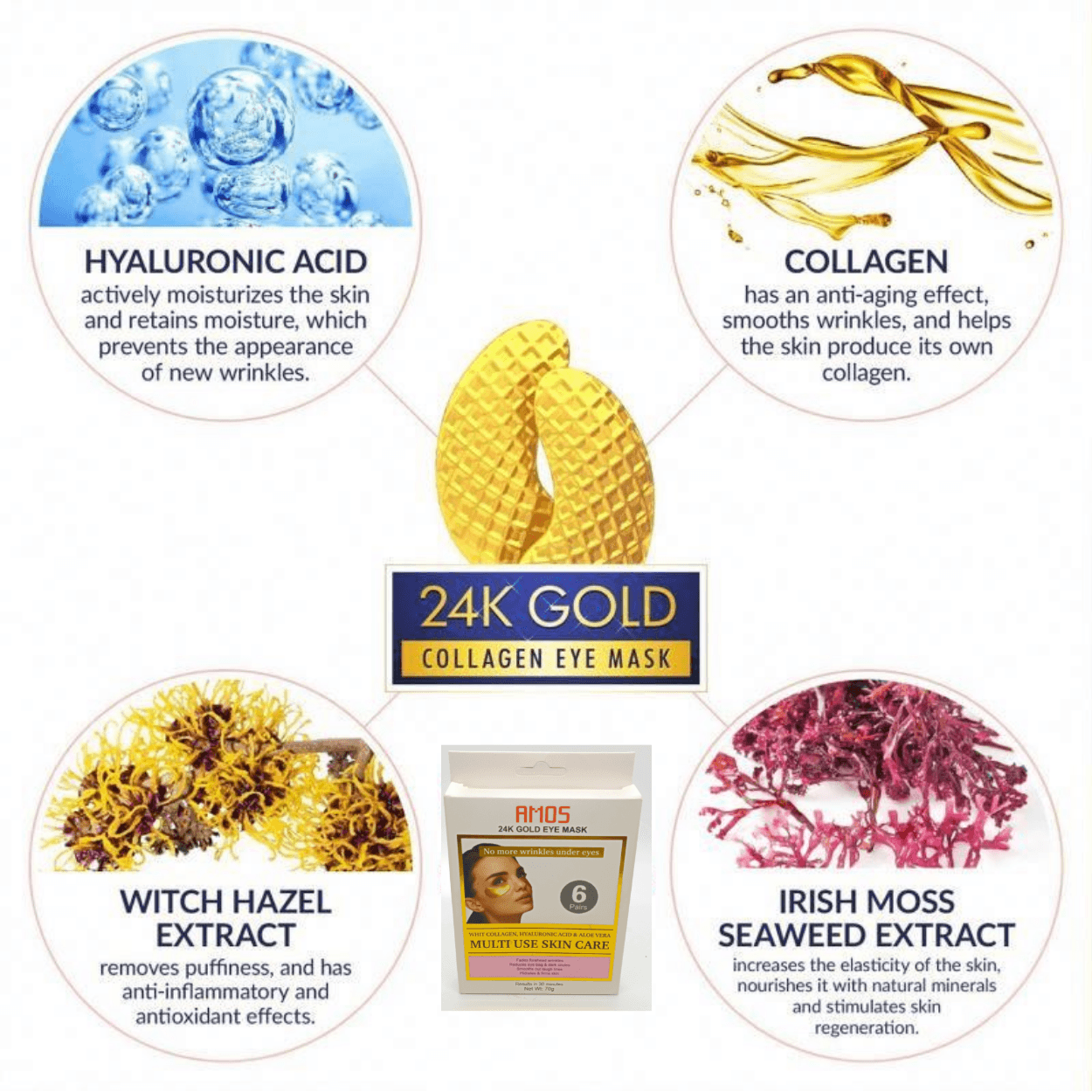 Máscaras de ojos de oro de 24 quilates para ojeras e hinchazón (12 pares) con colágeno, aloe vera y ácido hialurónico, parches antienvejecimiento debajo de los ojos para ojeras e hinchazón, reduce las arrugas. - AMOSTIMELINE