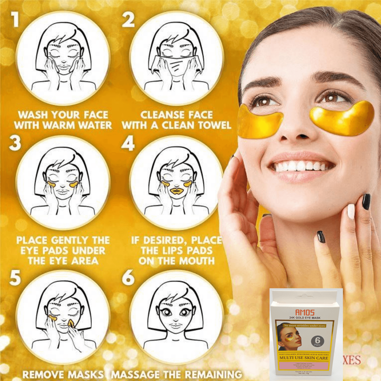 Máscaras de ojos de oro de 24 quilates para ojeras e hinchazón (12 pares) con colágeno, aloe vera y ácido hialurónico, parches antienvejecimiento debajo de los ojos para ojeras e hinchazón, reduce las arrugas. - AMOSTIMELINE