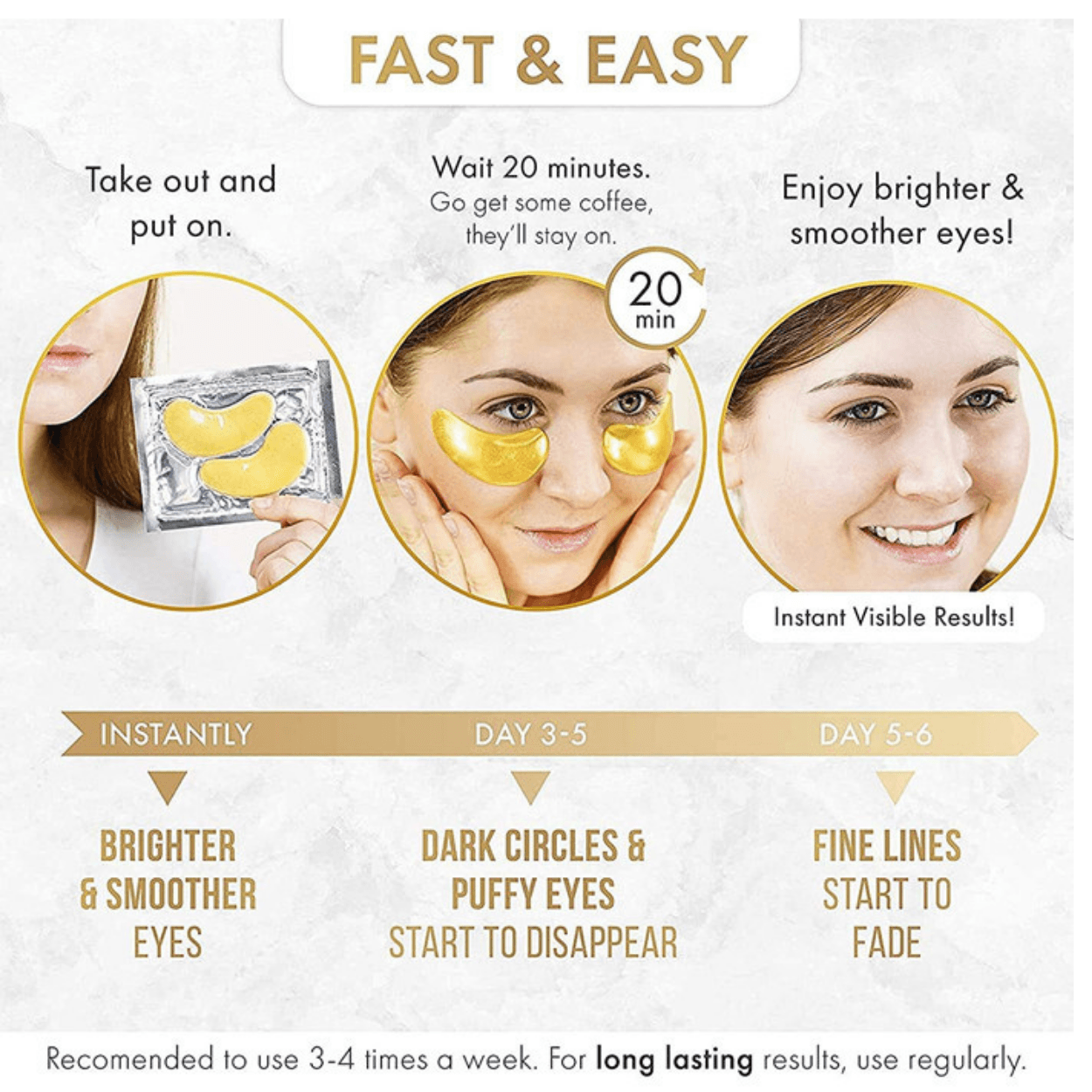 Máscaras de ojos de oro de 24 quilates para ojeras e hinchazón (12 pares) con colágeno, aloe vera y ácido hialurónico, parches antienvejecimiento debajo de los ojos para ojeras e hinchazón, reduce las arrugas. - AMOSTIMELINE
