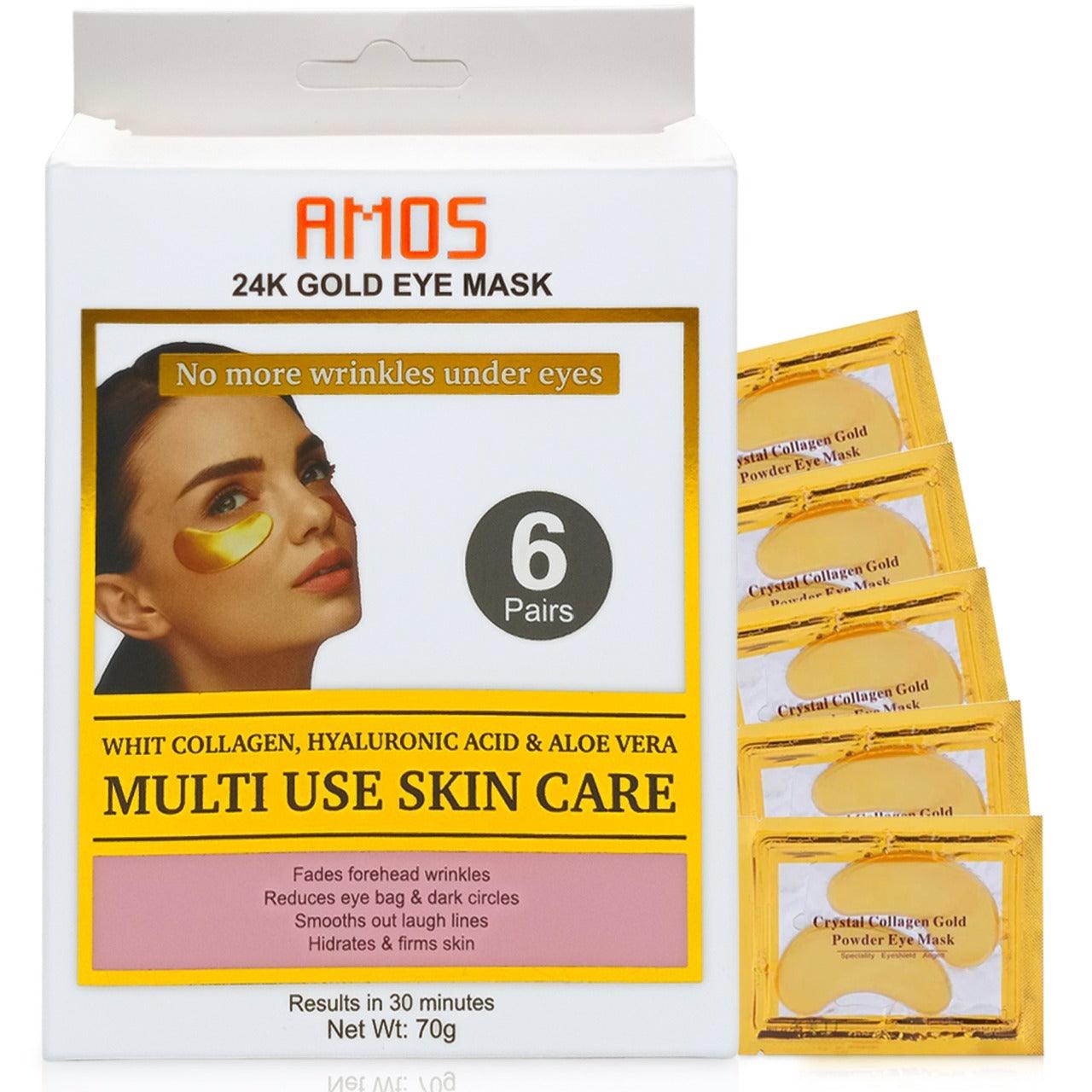 Máscaras de ojos de oro de 24 quilates para ojeras e hinchazón (12 pares) con colágeno, aloe vera y ácido hialurónico, parches antienvejecimiento debajo de los ojos para ojeras e hinchazón, reduce las arrugas. - AMOSTIMELINE