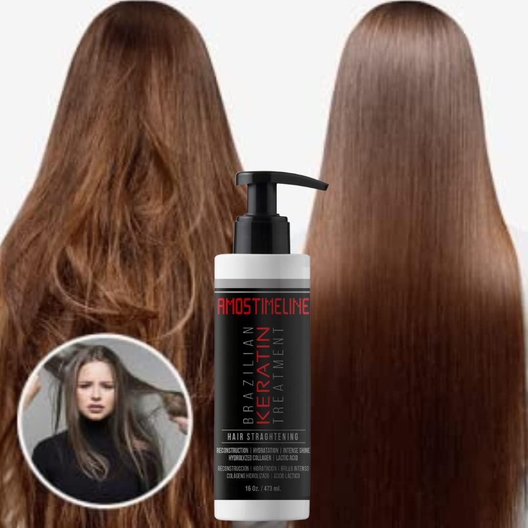 Professional Keratin Hair Treatment - Smoothing and Strengthening Formula with Nanoplasty and Organic Botox - Enriched with Placenta Hair Mask - Hair Relaxer for Salon Quality Results. 16oz / 473ml" - AMOSTIMELINE