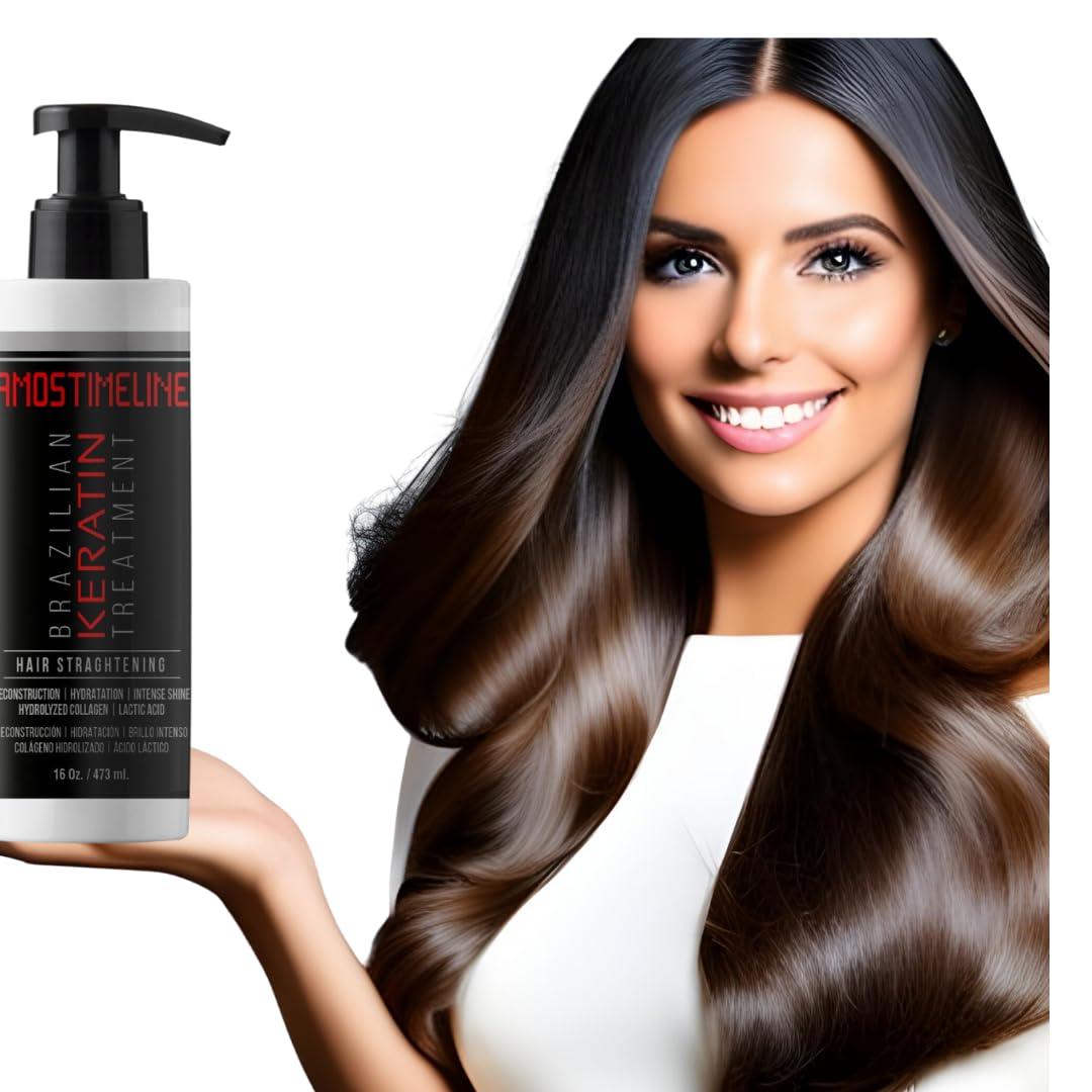 Professional Keratin Hair Treatment - Smoothing and Strengthening Formula with Nanoplasty and Organic Botox - Enriched with Placenta Hair Mask - Hair Relaxer for Salon Quality Results. 16oz / 473ml" - AMOSTIMELINE