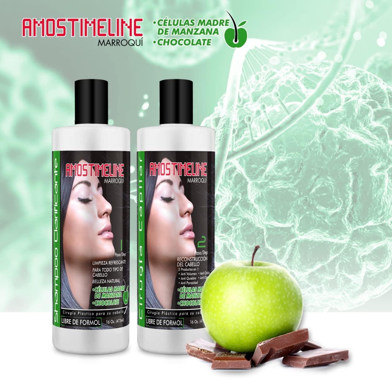 Imagen de ingredientes clave de la Cirugía Capilar de AMOSTIMELINE: manzana y chocolate, destacando su importancia en la fórmula del tratamiento para un cabello más saludable