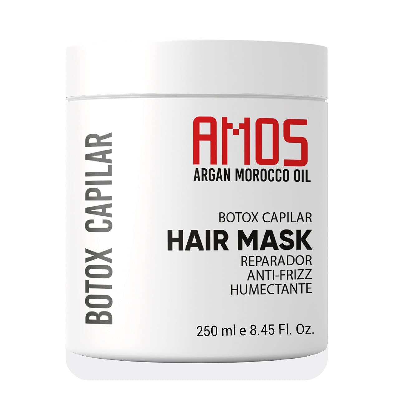 AMOS Hair Botox Mask Treatment 250 ml, ( 8.45 fl oz) El mejor tratamiento con aceite marroquí de Argan Natural Morocco para cabello seco y dañado profesional para la reparación, nutrición y belleza del cabello. Libre de formaldehído.
