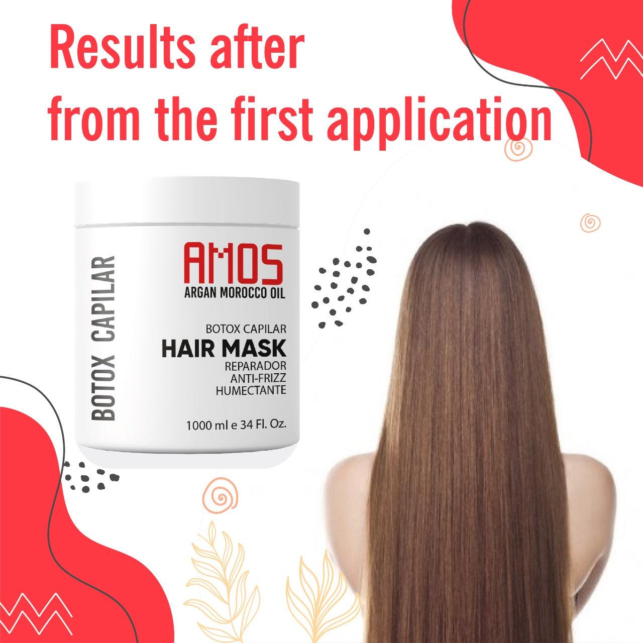 AMOS Hair Botox Mask Treatment 250 ml, ( 8.45 fl oz) El mejor tratamiento con aceite marroquí de Argan Natural Morocco para cabello seco y dañado profesional para la reparación, nutrición y belleza del cabello. Libre de formaldehído.